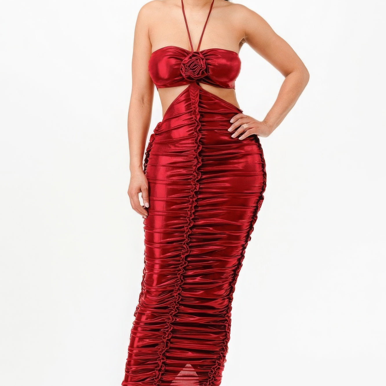 Metallic Rushed Halter Dress - Stormyjay