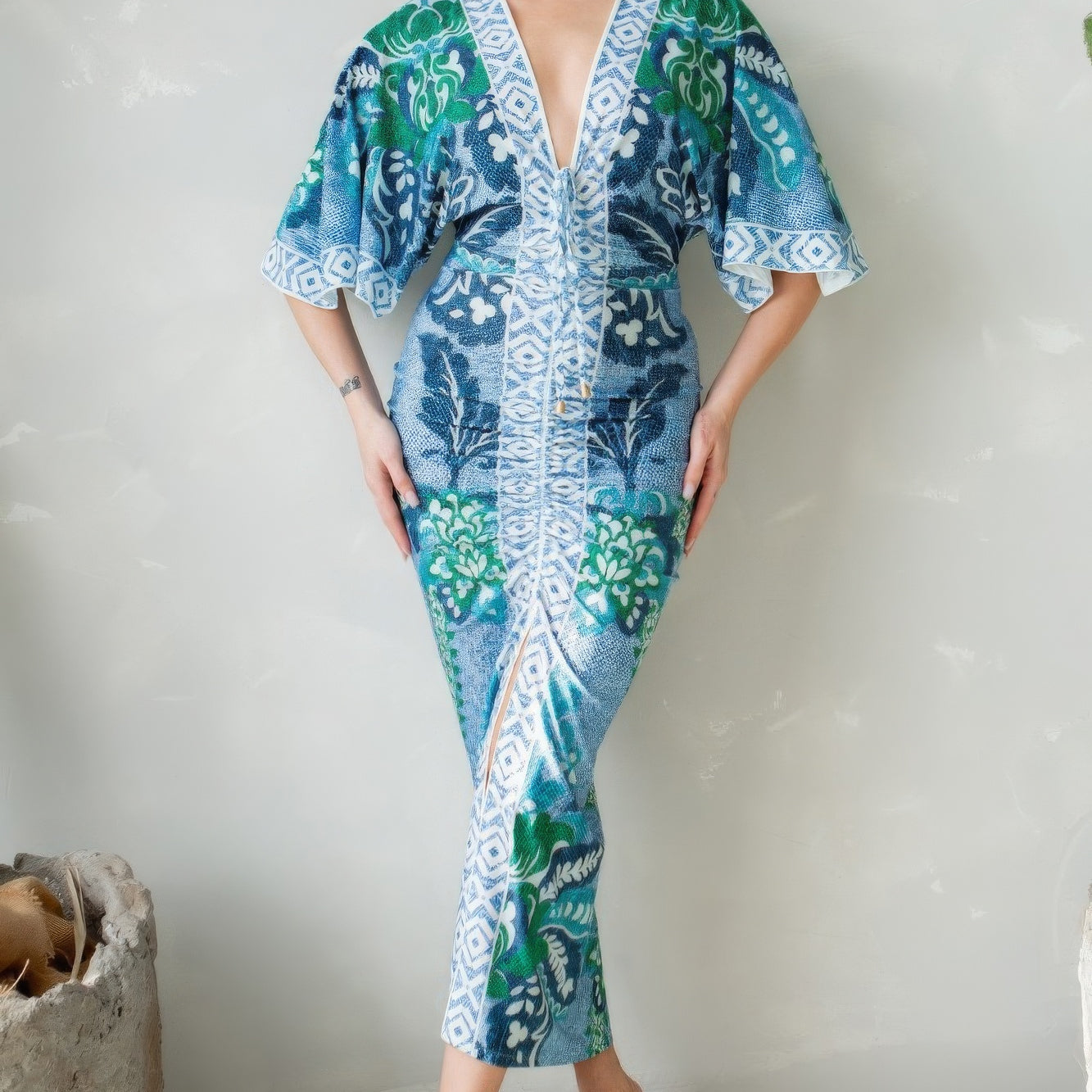 Front Ruched V-neck Midi Dress - Stormyjay