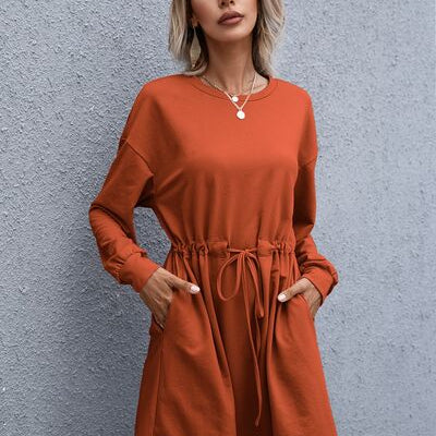 Drawstring Round Neck Dropped Shoulder Mini Dress - Stormyjay