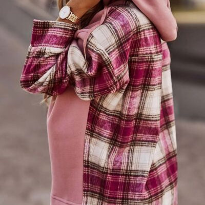 Plaid Drawstring Dropped Shoulder Hoodie