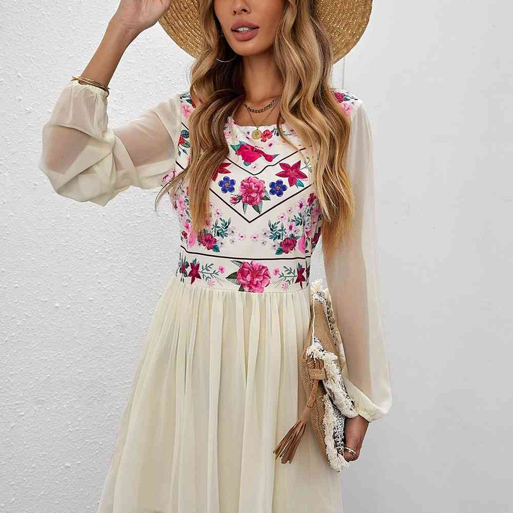 Floral Mesh Sleeve Lined Dress - Stormyjay