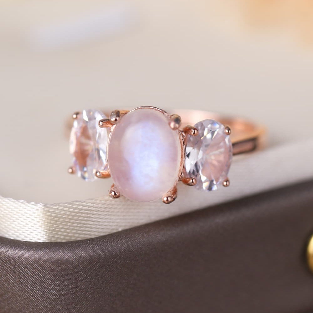 High Quality Natural Moonstone 925 Sterling Silver Three Stone Ring - Stormyjay