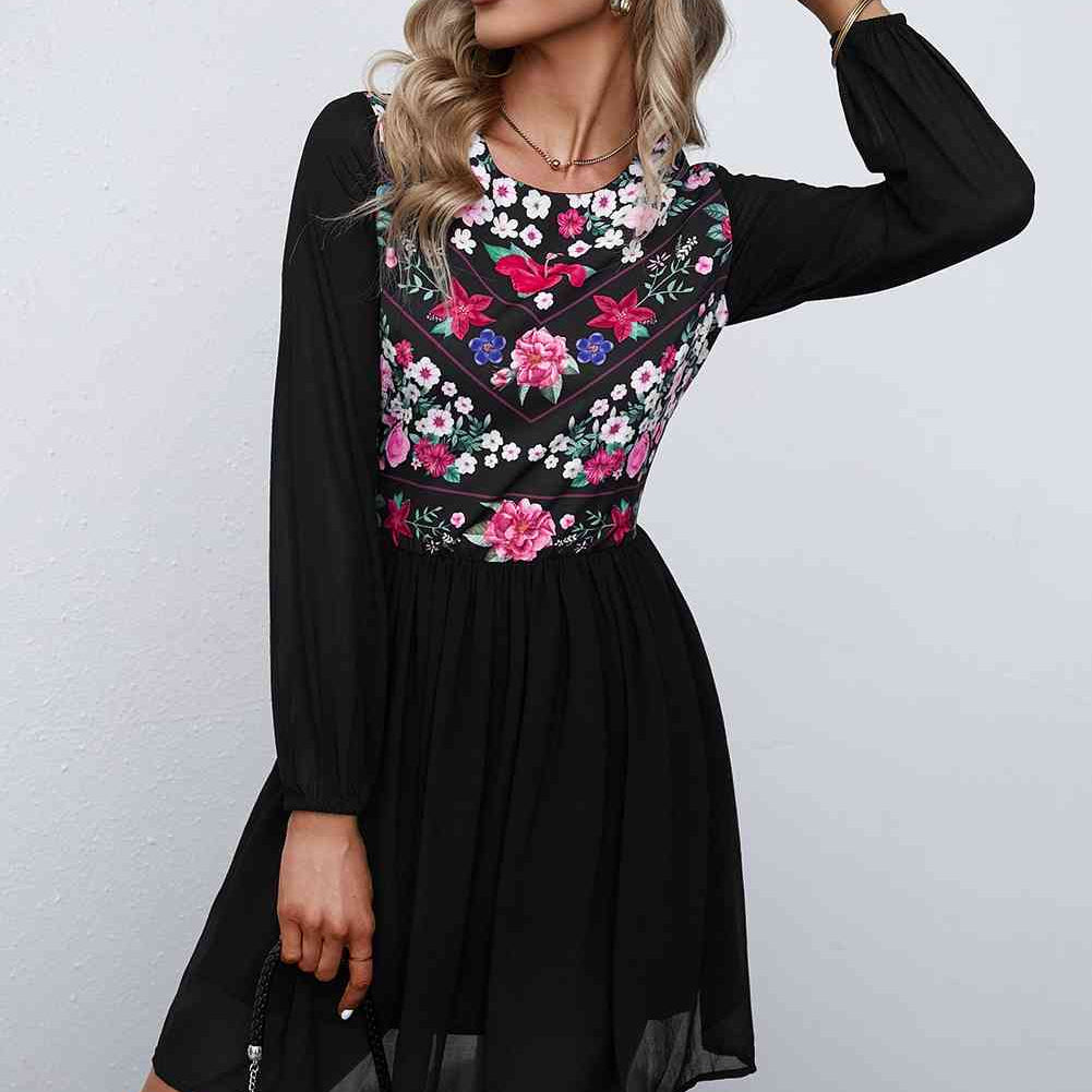 Floral Mesh Sleeve Lined Dress - Stormyjay