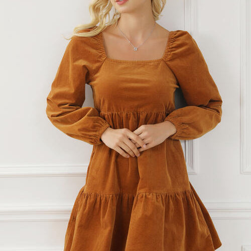 Square Neck Long Sleeve Tiered Dress