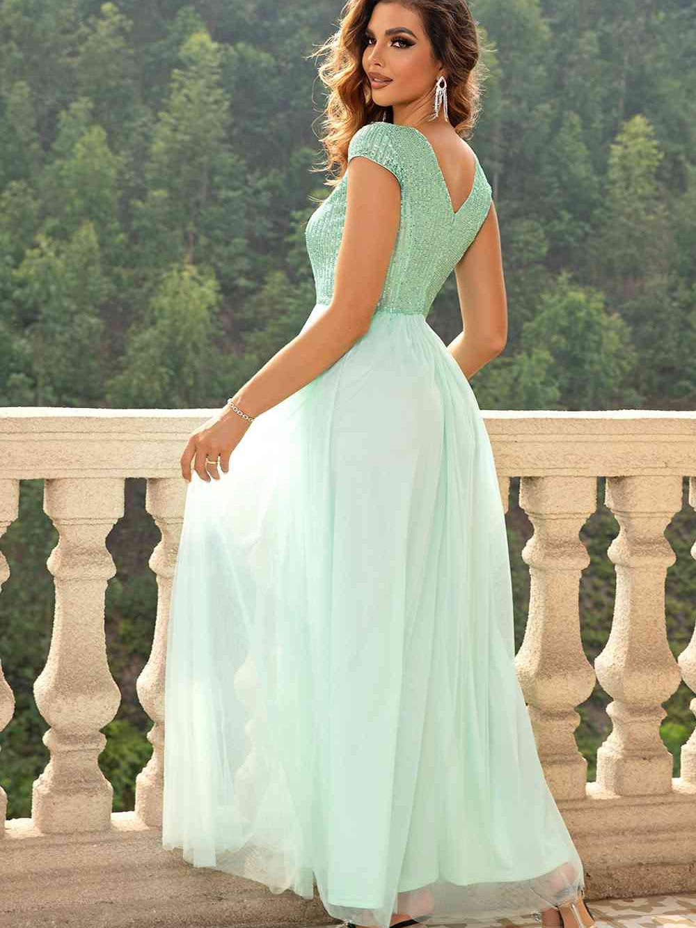 Sequin V-Neck Mesh Maxi Dress