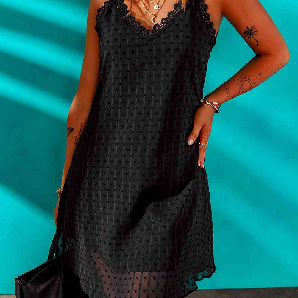Swiss Dot Lace Trim V-Neck Dress - Stormyjay