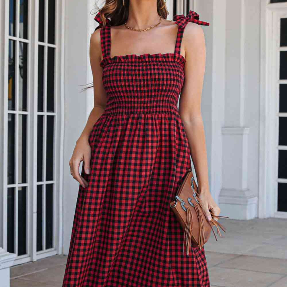 Plaid Frill Trim Tie Shoulder Dress - Stormyjay