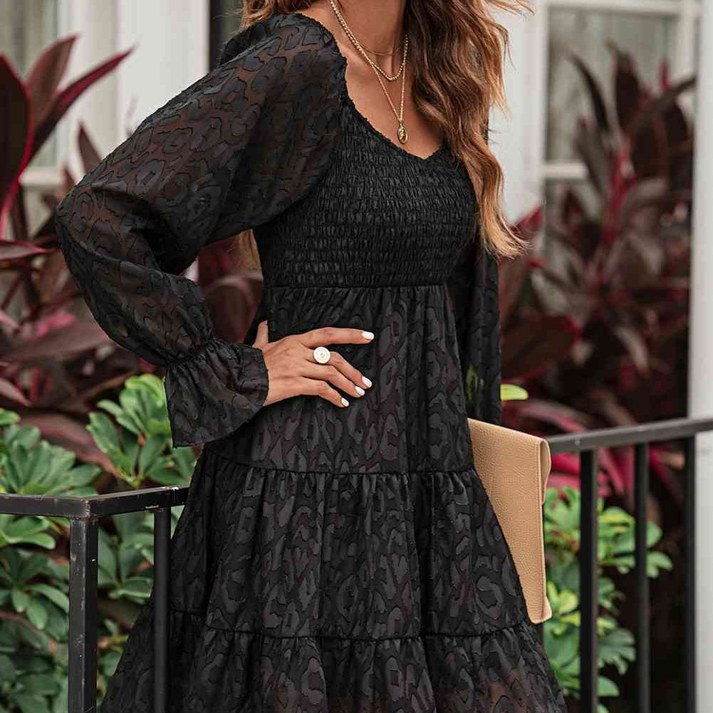 Leopard Applique Flounce Sleeve Smocked Tiered Dress - Stormyjay