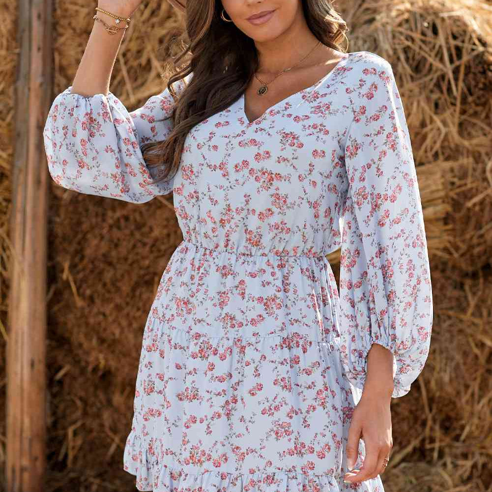 Floral Balloon Sleeve Ruffle Hem Dress - Stormyjay