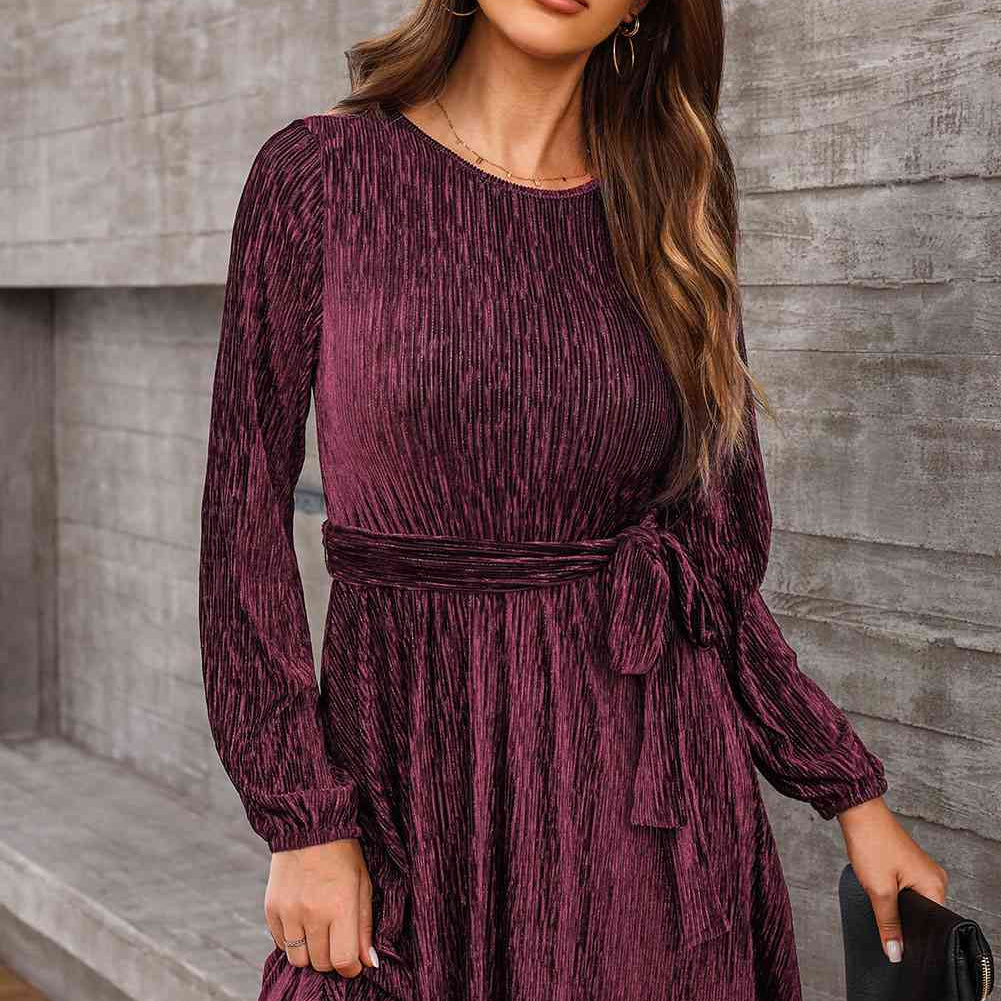 Round Neck Tie Front Long Sleeve Dress