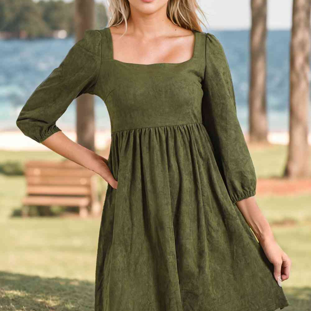 Square Neck Three-Quarter Sleeve Mini Dress