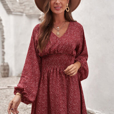 Smocked V-Neck Balloon Sleeve Dress
