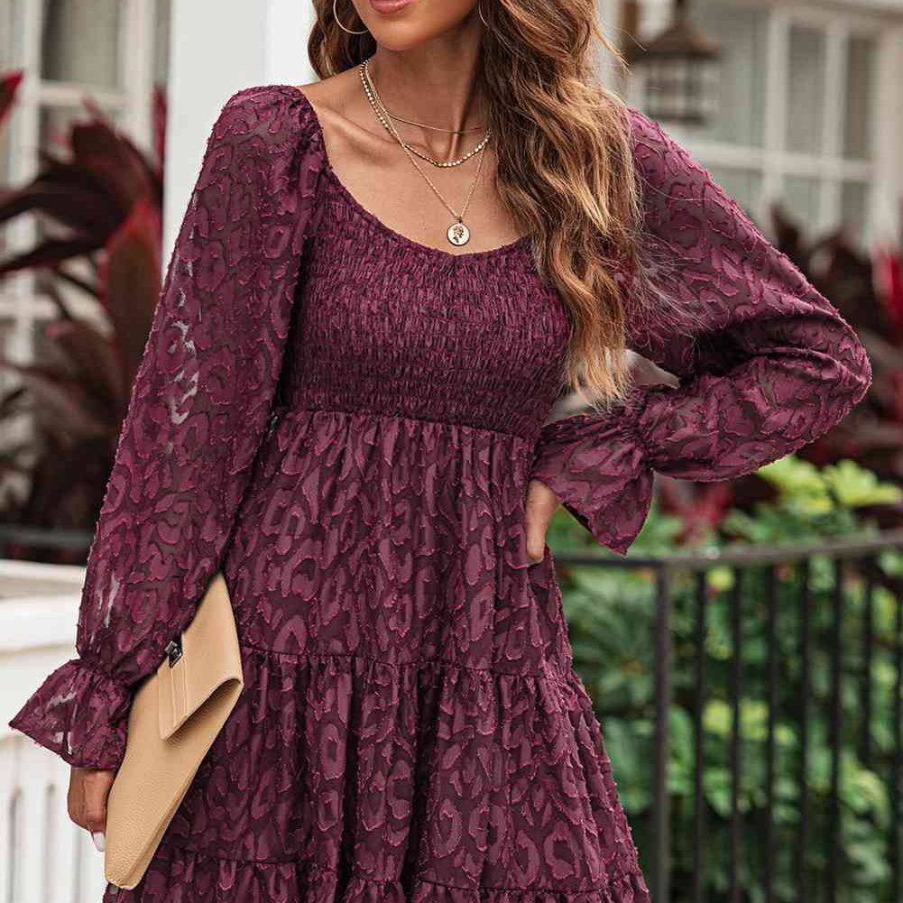 Leopard Applique Flounce Sleeve Smocked Tiered Dress - Stormyjay