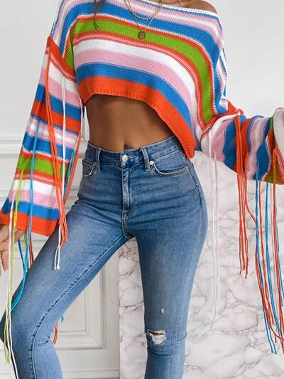 Fringe Striped Round Neck Knit Top - Stormyjay