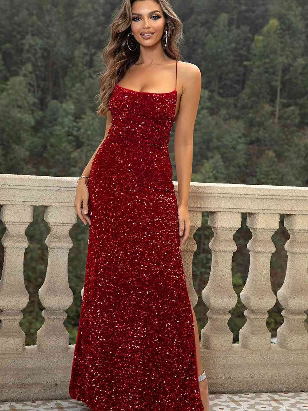 Sequin Backless Split Maxi Dress