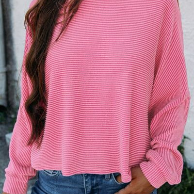Striped Round Neck Long Sleeve Blouse