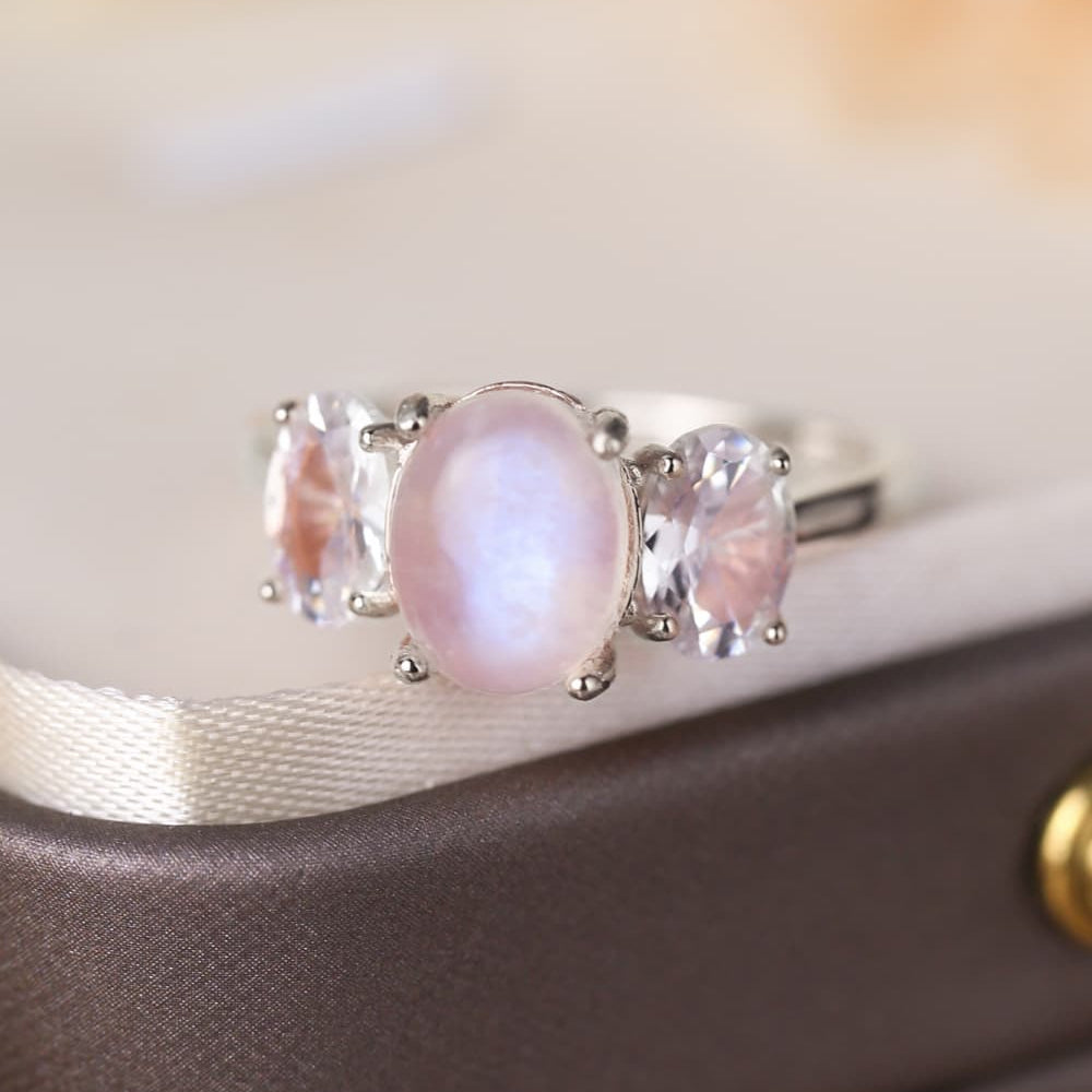 High Quality Natural Moonstone 925 Sterling Silver Three Stone Ring - Stormyjay