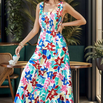 Smocked Printed Wide Strap Tiered Dress - Stormyjay