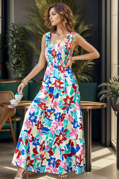 Smocked Printed Wide Strap Tiered Dress - Stormyjay