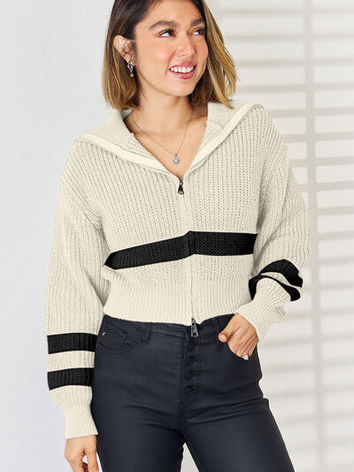 Striped Zip Up Dropped Shoulder Cardigan - Stormyjay