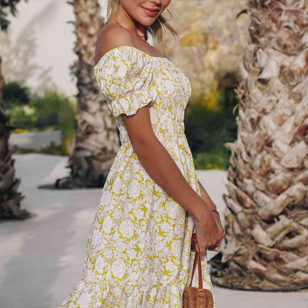 Floral Flounce Sleeve Off-Shoulder Dress - Stormyjay
