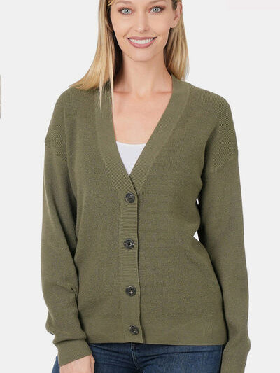 Zenana Button Up V-Neck Dropped Shoulder Cardigan - Stormyjay