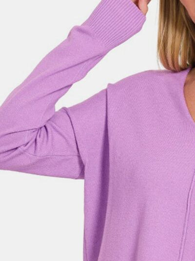 Zenana Slit V-Neck Dropped Shoulder Sweater - Stormyjay