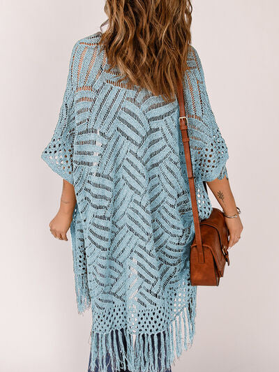 Openwork Open Front Cardigan with Fringes - Stormyjay