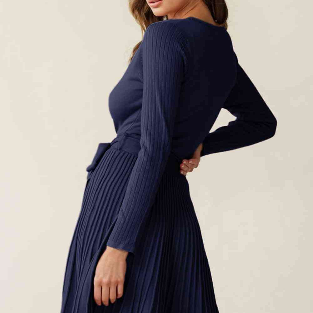 Surplice Neck Tie Waist Pleated Dress - Stormyjay