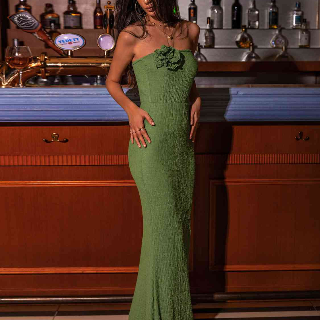 Flower Detail Strapless Slit Dress