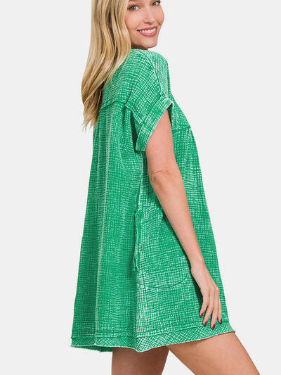 Zenana Washed Notched Short Sleeve Mini Dress - Stormyjay