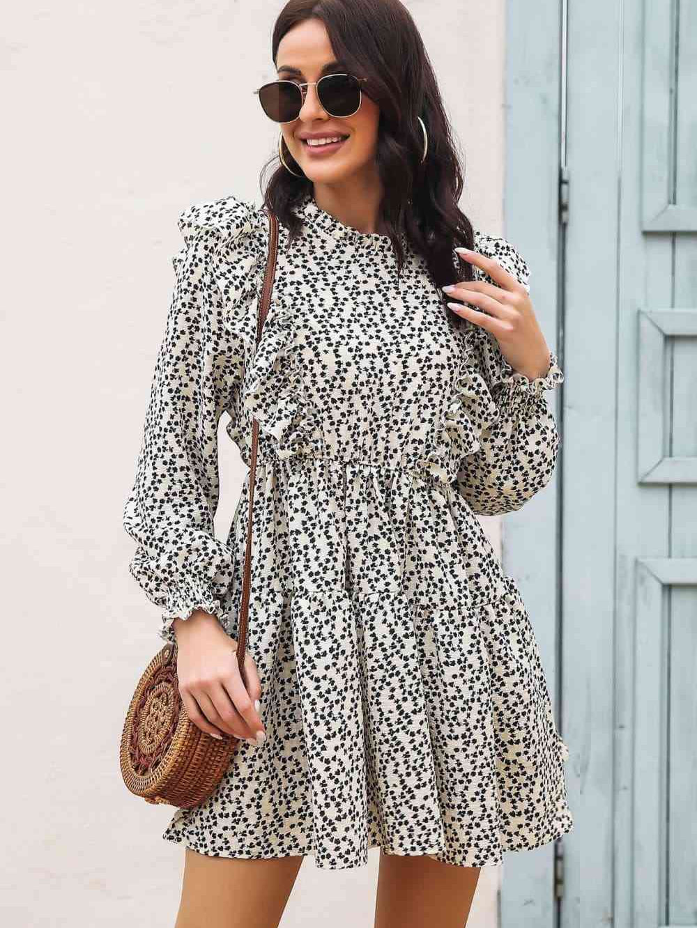 Printed Ruffle Trim Smocked Long Sleeve Mini Dress