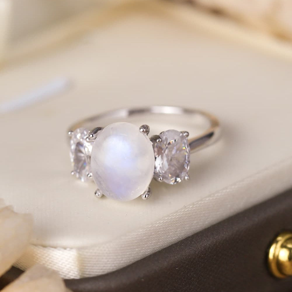 High Quality Natural Moonstone 925 Sterling Silver Three Stone Ring - Stormyjay