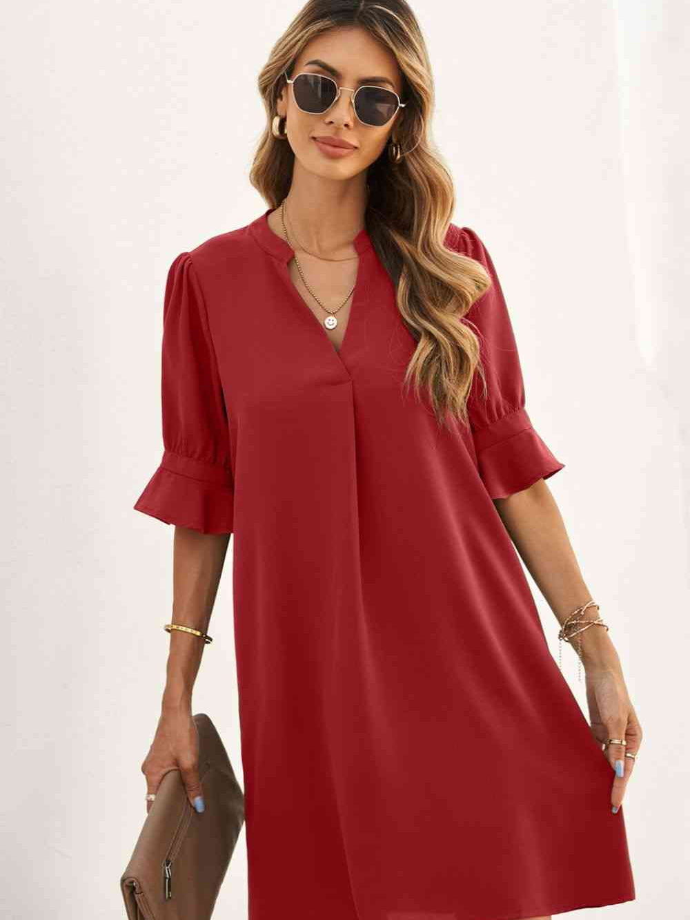 Puff Sleeve Notched Mini Shift Dress - Stormyjay