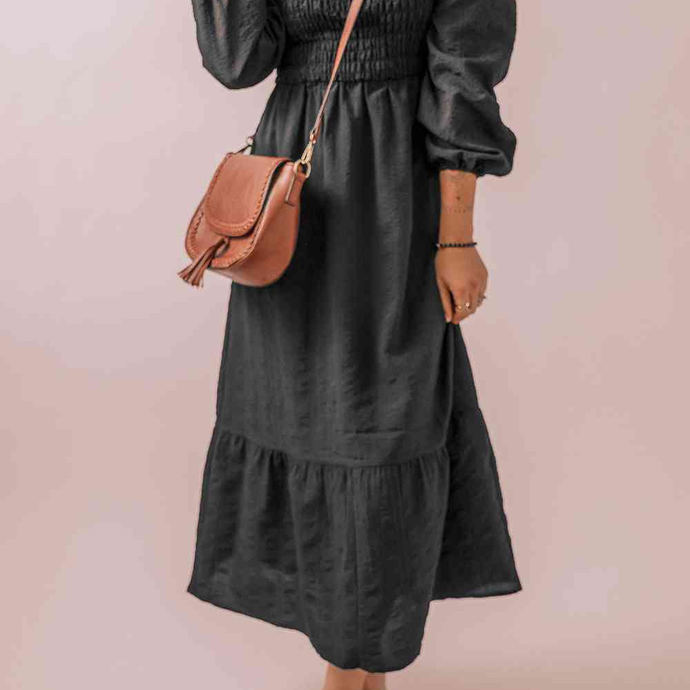 Square Neck Smocked Long Sleeve Dress