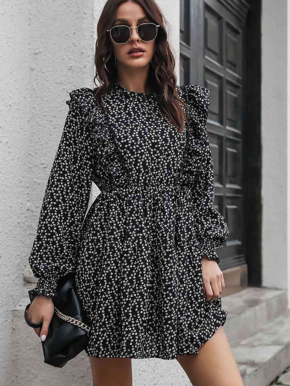 Printed Ruffle Trim Smocked Long Sleeve Mini Dress