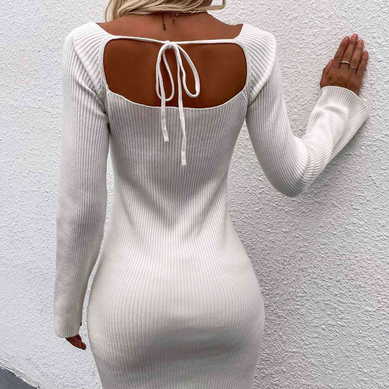 Tie Back Square Neck Long Sleeve Sweater Dress - Stormyjay