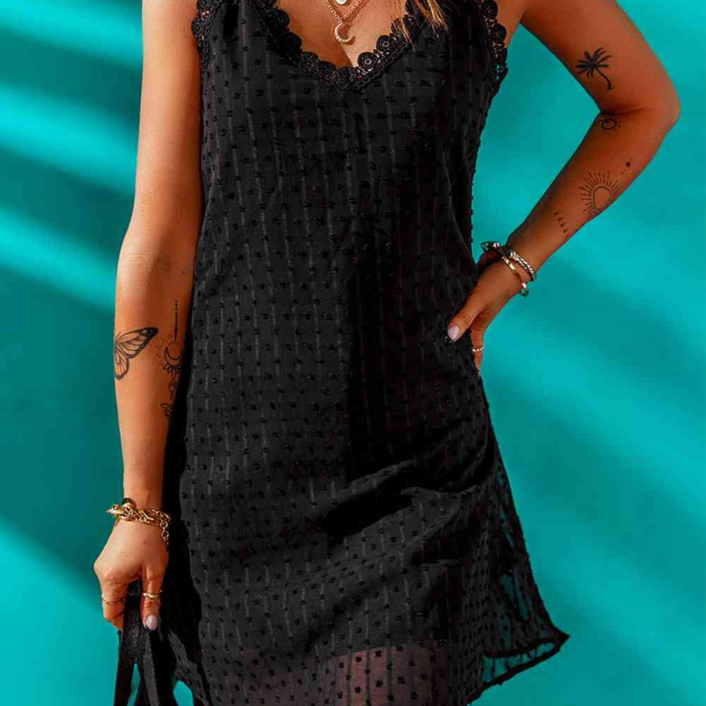 Swiss Dot Lace Trim V-Neck Dress - Stormyjay
