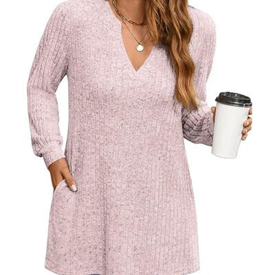 Slit Notched Pocketed Long Sleeve T-Shirt