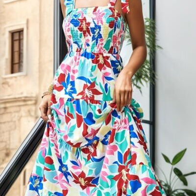 Smocked Printed Wide Strap Tiered Dress - Stormyjay