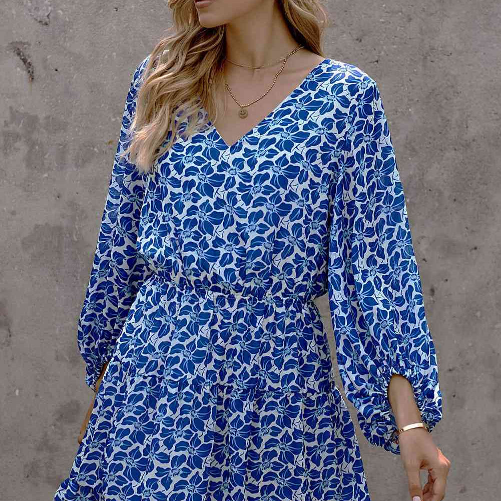 Floral Balloon Sleeve Ruffle Hem Dress - Stormyjay
