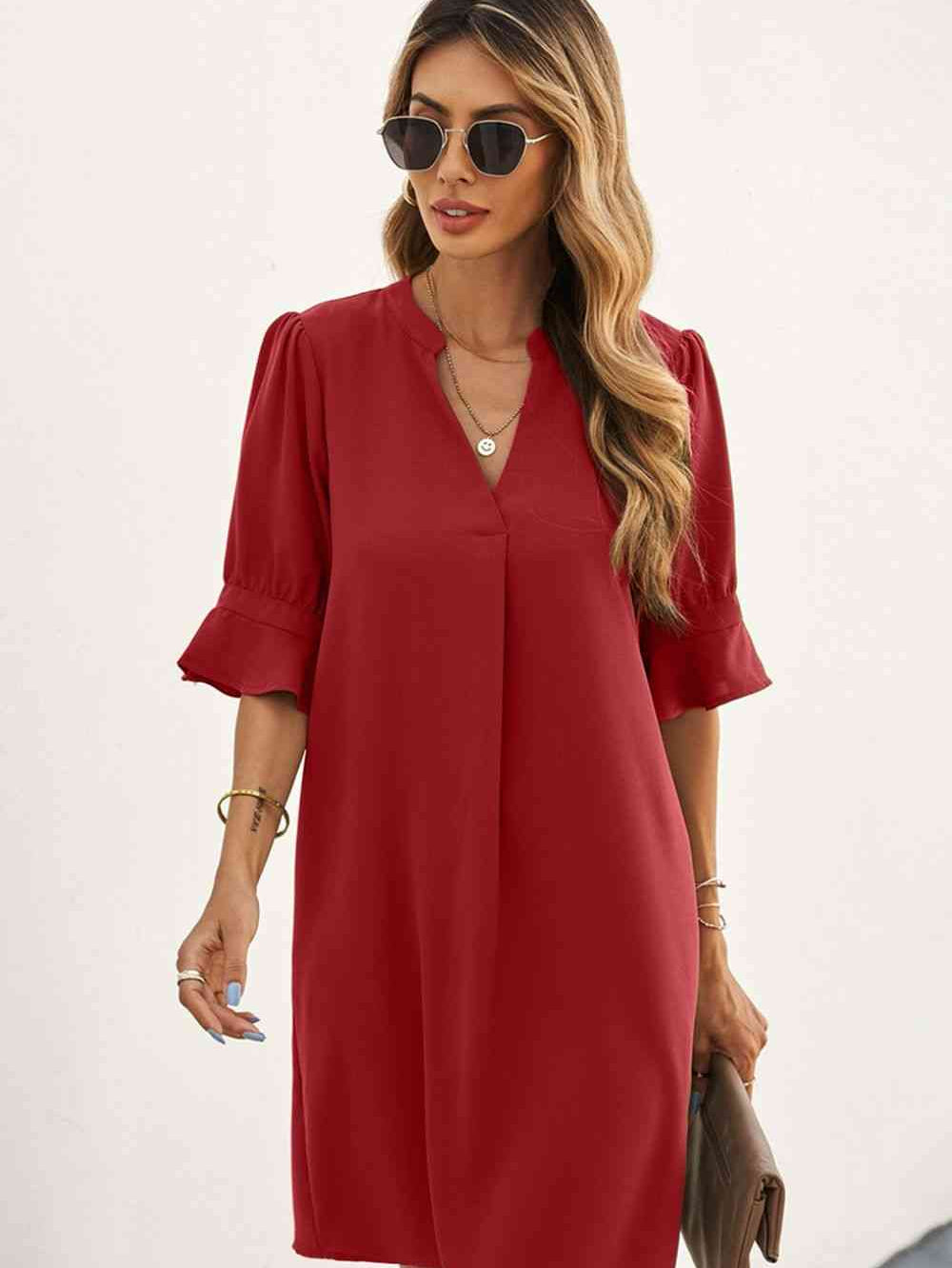 Puff Sleeve Notched Mini Shift Dress - Stormyjay