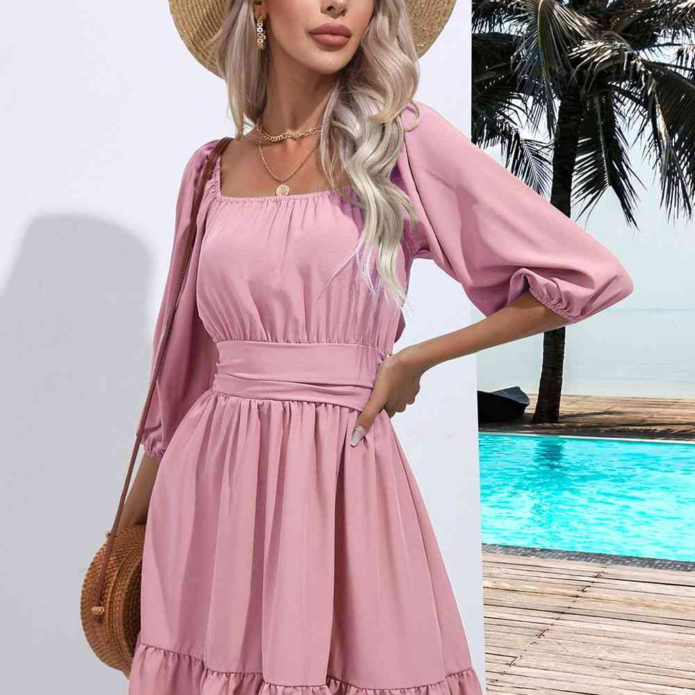 Square Neck Tie Back Ruffle Hem Dress