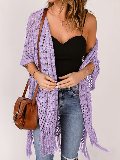 Openwork Open Front Cardigan with Fringes - Stormyjay
