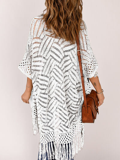Openwork Open Front Cardigan with Fringes - Stormyjay