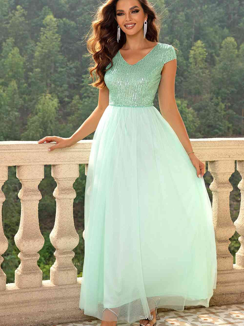 Sequin V-Neck Mesh Maxi Dress