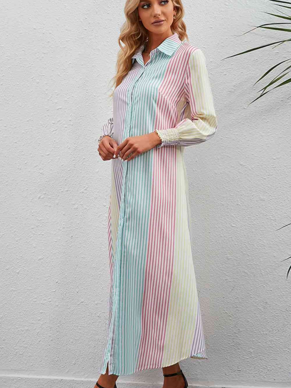 Rainbow Stripe Button-Up Maxi Shirt Dress - Stormyjay