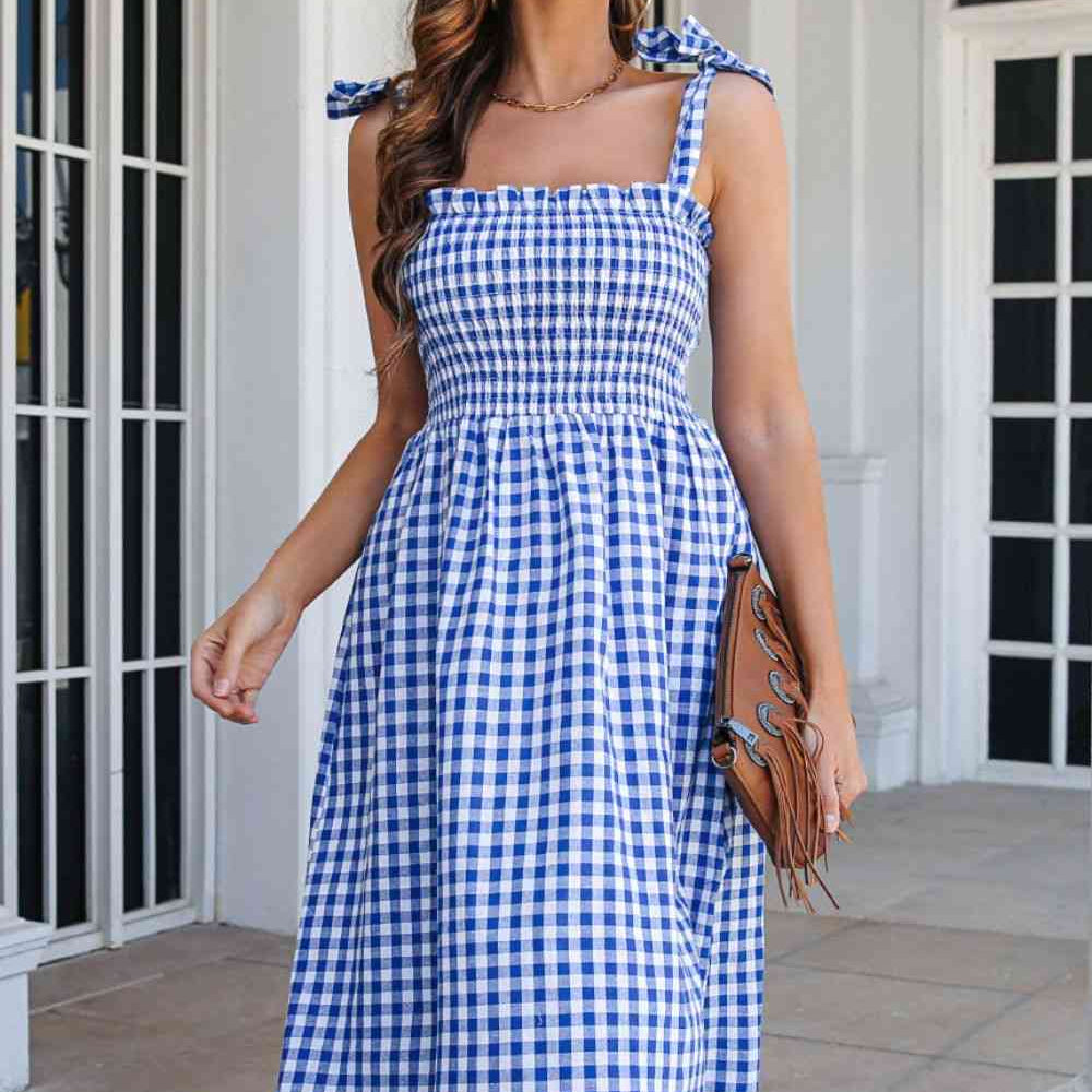 Plaid Frill Trim Tie Shoulder Dress - Stormyjay