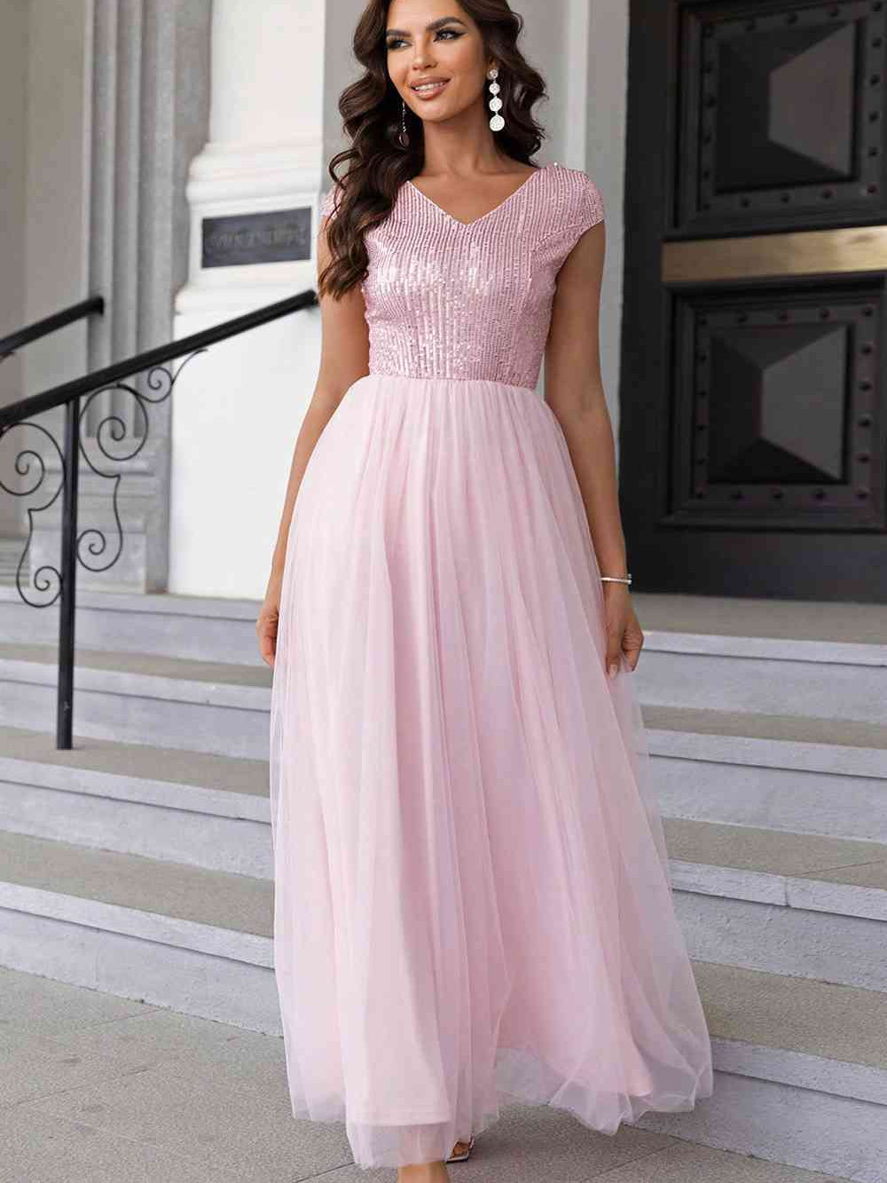 Sequin V-Neck Mesh Maxi Dress