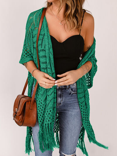 Openwork Open Front Cardigan with Fringes - Stormyjay